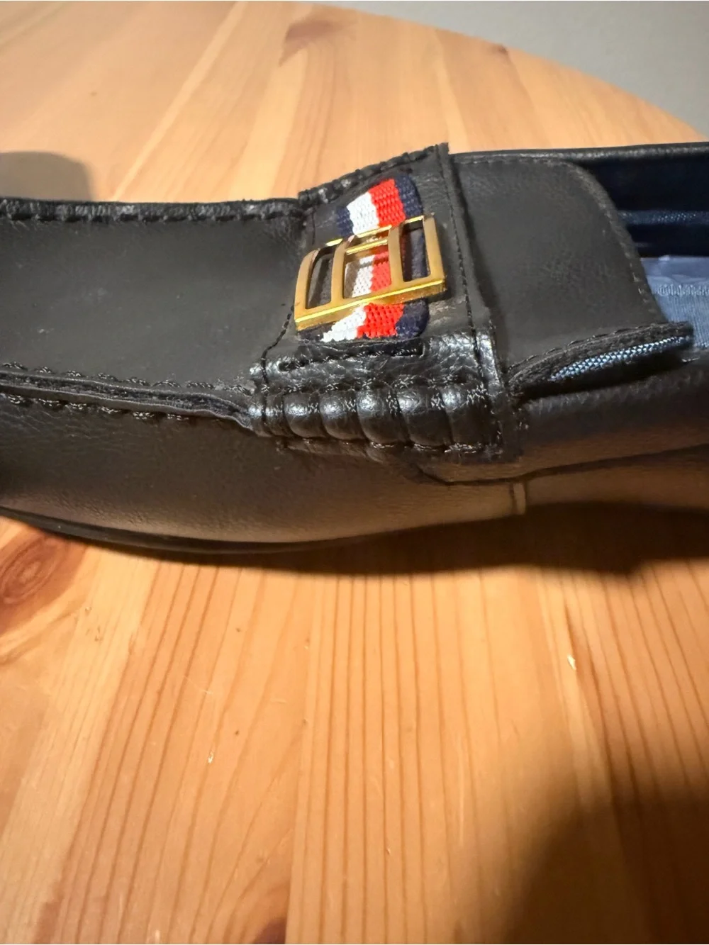 Tommy Hilfiger Black Faux Le Loafers with Red-White-Blue Ribbon and Gold Buckle